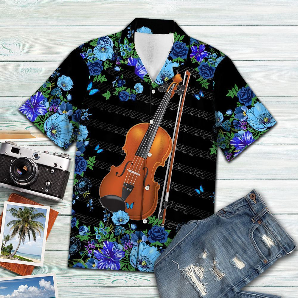 Watercolor Vivid Blue Flower And Violin Pattern Hawaiian Shirt, Hwaiian For Gift