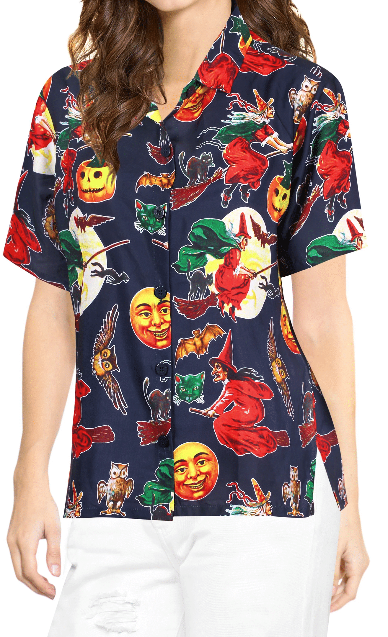 Halloween Red Witch Riding A Broom Tropical Hawaiian Shirt, Hawaiian Shirt Gift, Christmas Gift