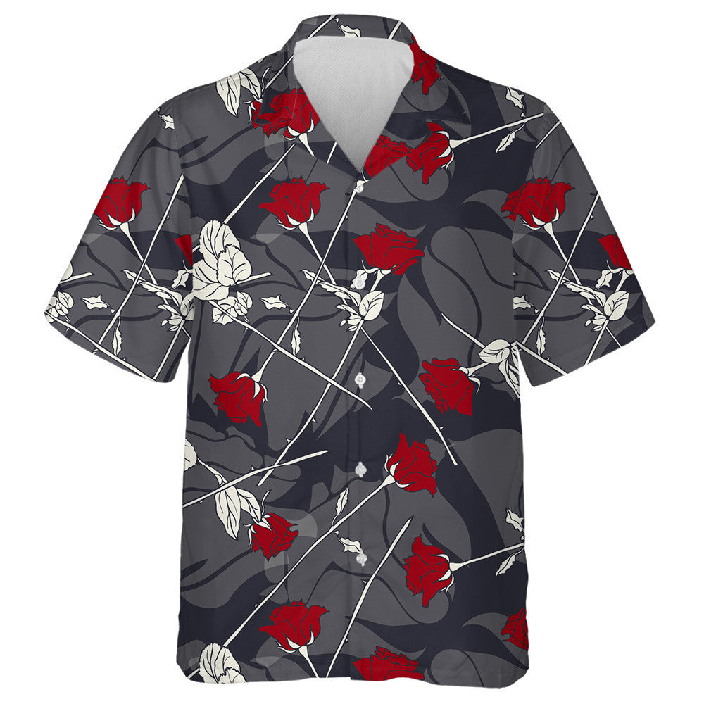 Hand Drawn Romantic Red Roses Branches Vegetation Pattern Hawaiian Shirt, Hawaiian Shirt Gift, Christmas Gift