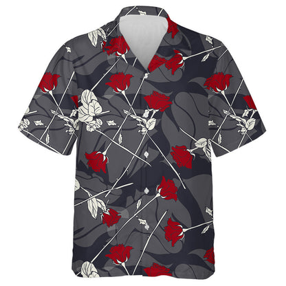 Hand Drawn Romantic Red Roses Branches Vegetation Pattern Hawaiian Shirt, Hawaiian Shirt Gift, Christmas Gift