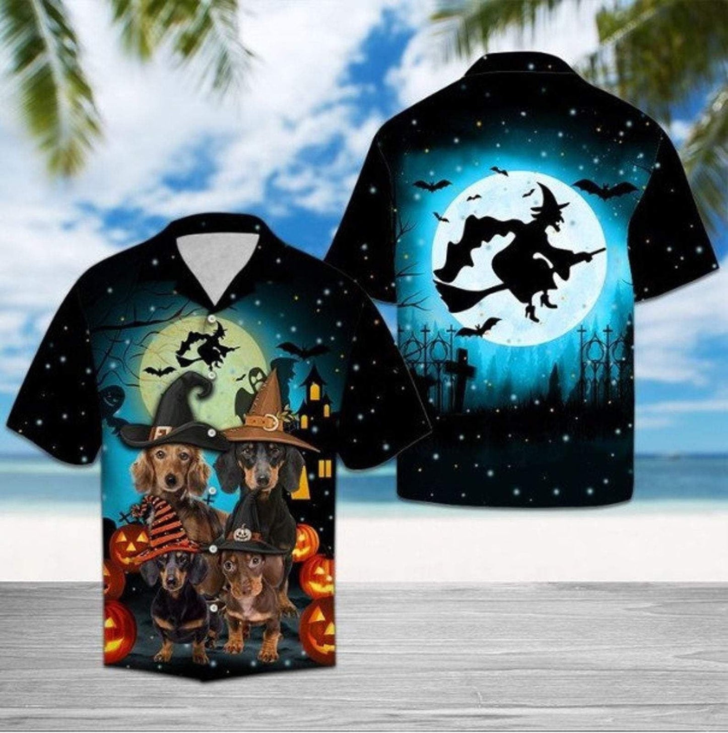 Dachshund Family And Witch Halloween Background Hawaiian Shirt,Hawaiian Shirt Gift, Christmas Gift