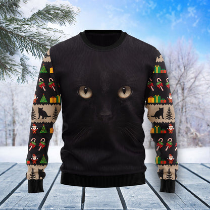 Black Cat Cute Face Ugly Christmas Sweater, Christmas Ugly Sweater,Christmas Gift,Gift Christmas 2022