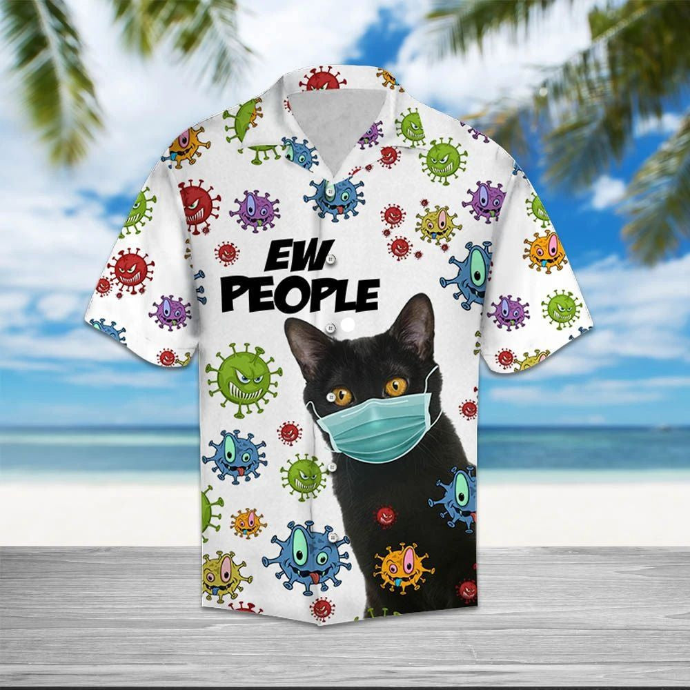 Cool Black Cat Anti Virus Ew People Pattern Hawaiian Shirt, Hawaiian Shirt Gift, Christmas Gift