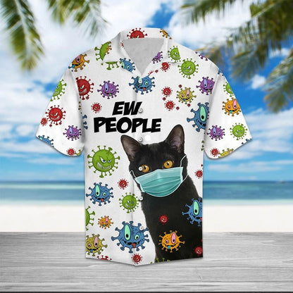 Cool Black Cat Anti Virus Ew People Pattern Hawaiian Shirt, Hawaiian Shirt Gift, Christmas Gift