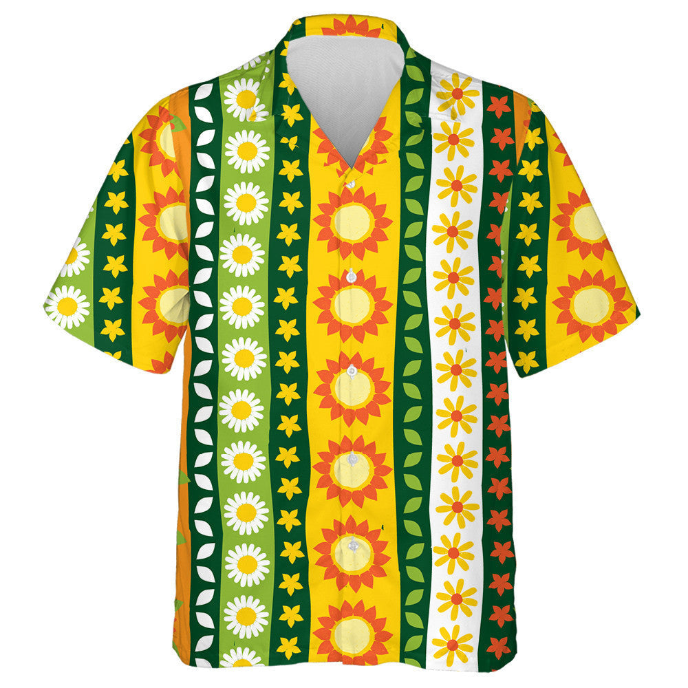 Colorful Vertical Column Sunflowers Pen Sketch Repeat Pattern Hawaiian Shirt, Hawaiian Shirt Gift, Christmas Gift