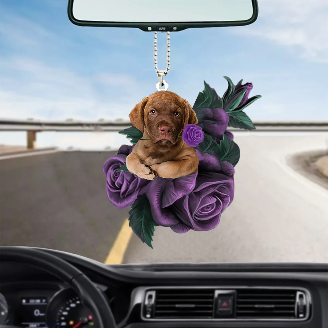 Chesapeake Bay Retriever In Purple Rose Car Hanging Ornament, Christmas Decoration