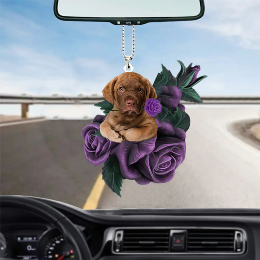 Chesapeake Bay Retriever In Purple Rose Car Hanging Ornament, Christmas Decoration