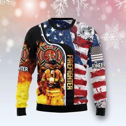 Firefighter USA Flag unisex womens & mens, couples matching, friends, funny family ugly christmas holiday sweater gifts , Christmas Ugly Sweater