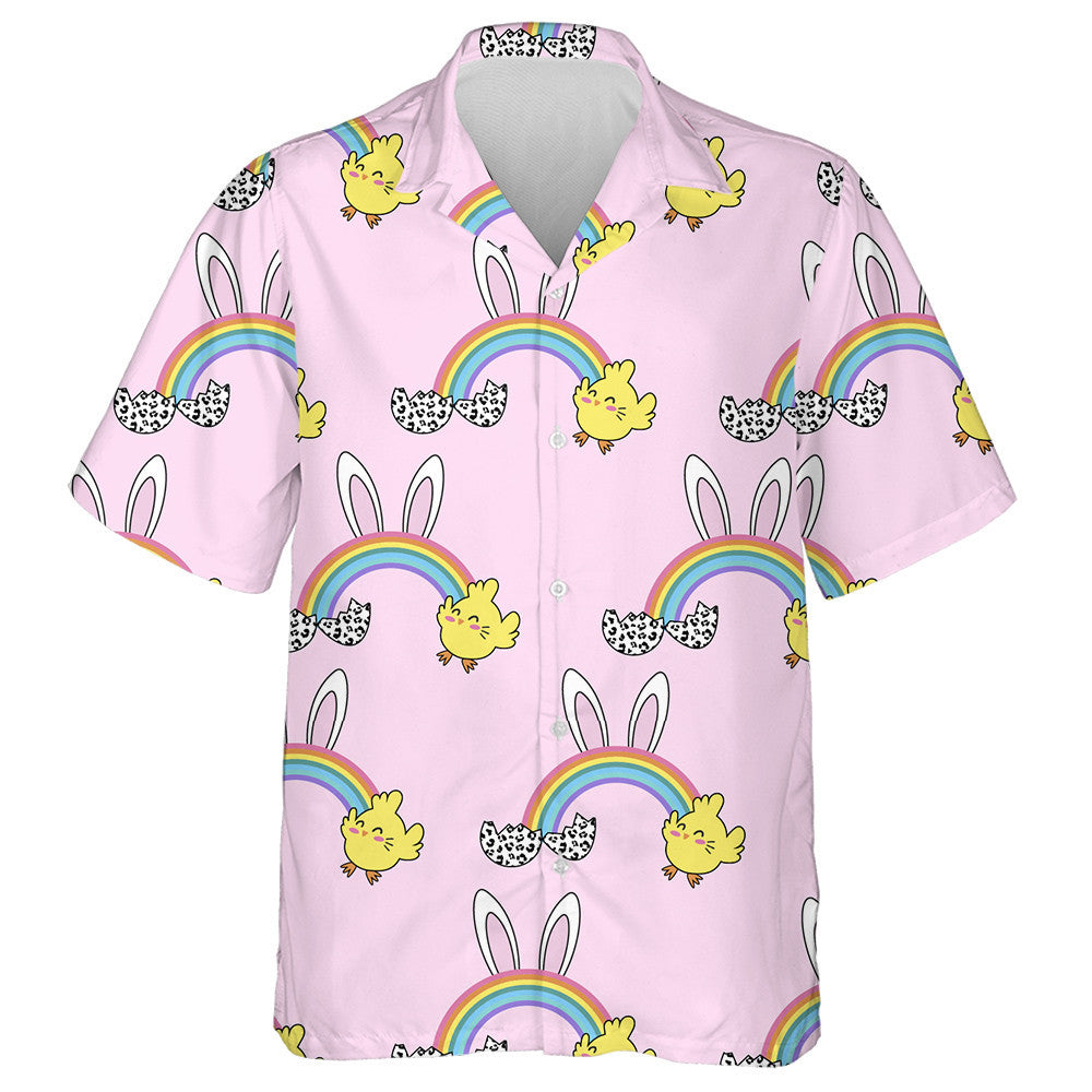 Spring Rainbow With Bunny Rabbit And Cute Chicken Hawaiian Shirt, Hawaiian Shirt Gift, Christmas Gift