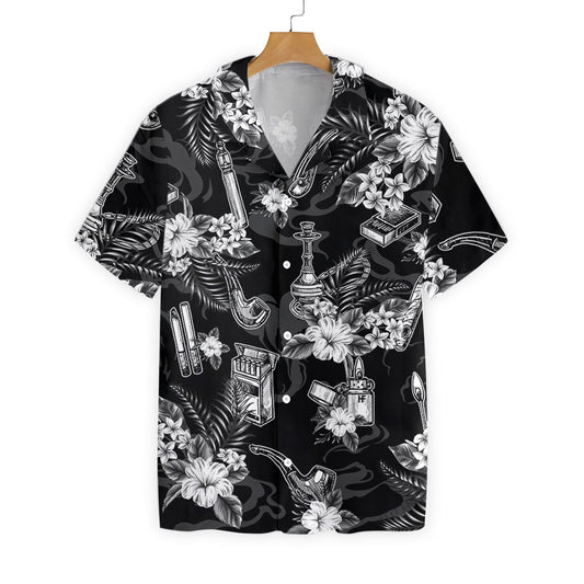 Tobacco Pattern Black And White Flower Pattern Hawaiian Shirt, Hawaiian Shirt Gift, Christmas Gift