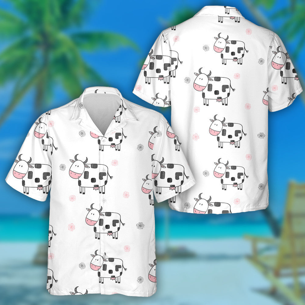 Doodle Style Cute Cartoon Cows And Line Flower Hawaiian Shirt, Hawaiian Shirt Gift, Christmas Gift
