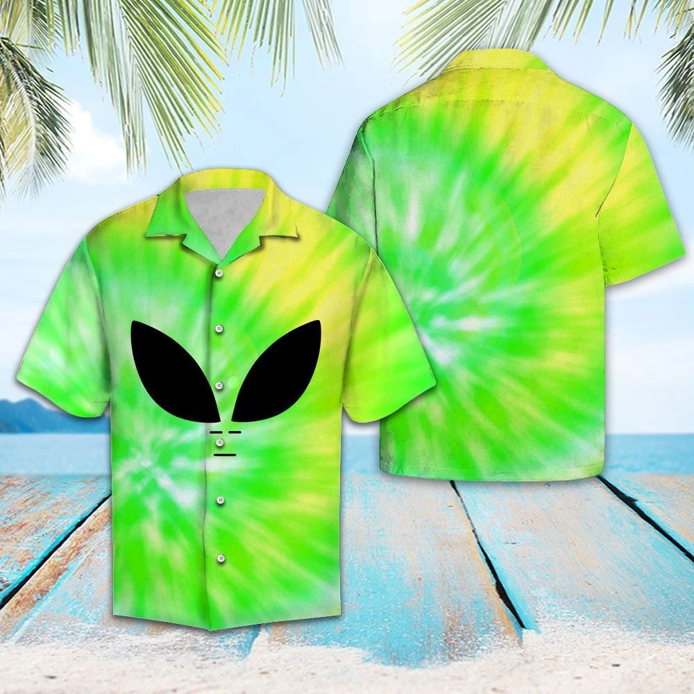 Awesome Alien Green And Yellow Tye Die Themed Hawaiian Shirt, Hawaiian Shirt Gift, Christmas Gift