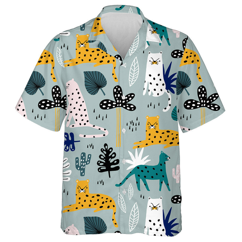Animal With Leopards Palm Branch And Tropical Background Hawaiian Shirt, Hawaiian Shirt Gift, Christmas Gift