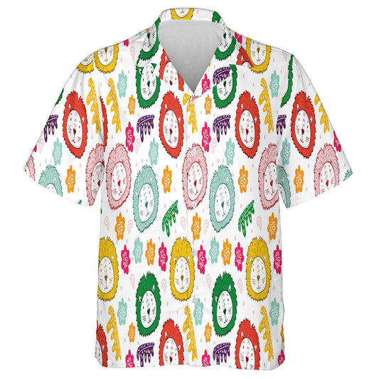 Colorful Lion Face With Flower On White Background Hawaiian Shirt, Hawaiian Shirt Gift, Christmas Gift