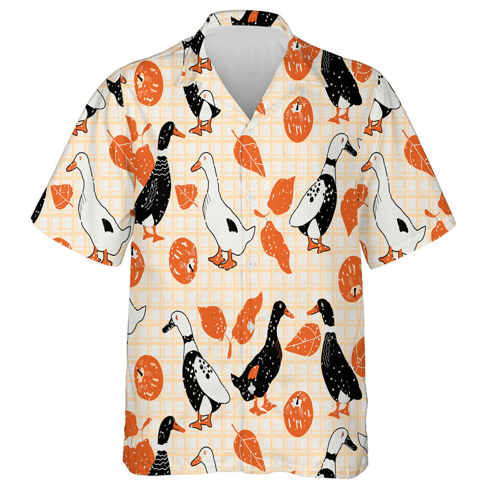 Cartoon Duck And Apples Checkered Background Hawaiian Shirt, Hawaiian For Gift
