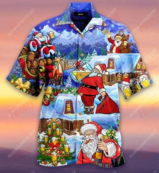 Beery Christmas Santa Claus Drinks Beer Short Hawaiian Shirt Ocean Short Sleeve Best Hawaiian Shirts Hawaiian Shirt Pattern, Hawaiian Shirt Gift, Christmas Gift