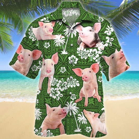 Cute Pink Pig Green Tribal With Hibiscus Pattern Hawaiian Shirt, Hawaiian Shirt Gift, Christmas Gift