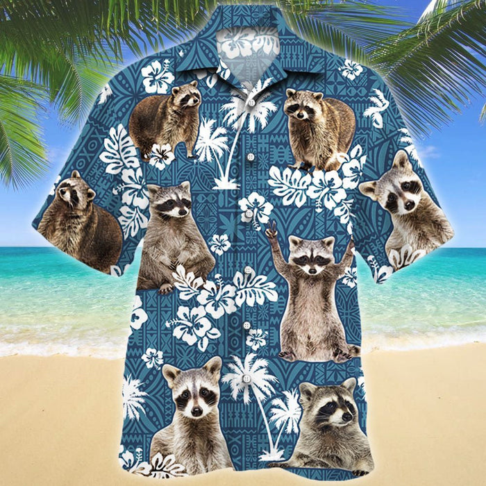 Cute Raccoon On Blue Tribal Hibiscus Pattern Hawaiian Shirt, Hawaiian Shirt Gift, Christmas Gift