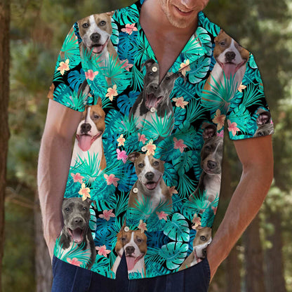 American Staffordshire Terrier With Plumeria And Leaves Hawaiian Shirt, Hawaiian Shirt Gift, Christmas Gift