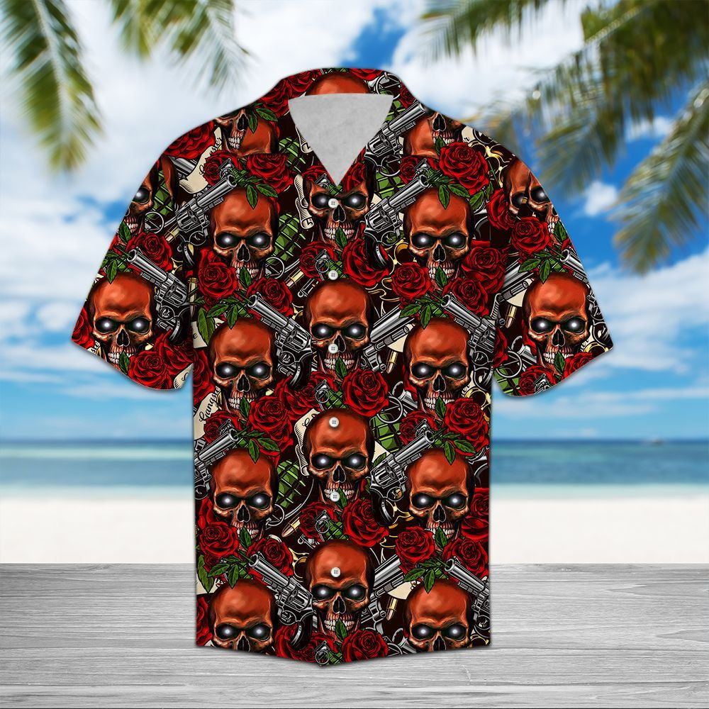 Scary Skull With Gun And Red Rose Pattern Hawaiian Shirt, Hawaiian Shirt Gift, Christmas Gift