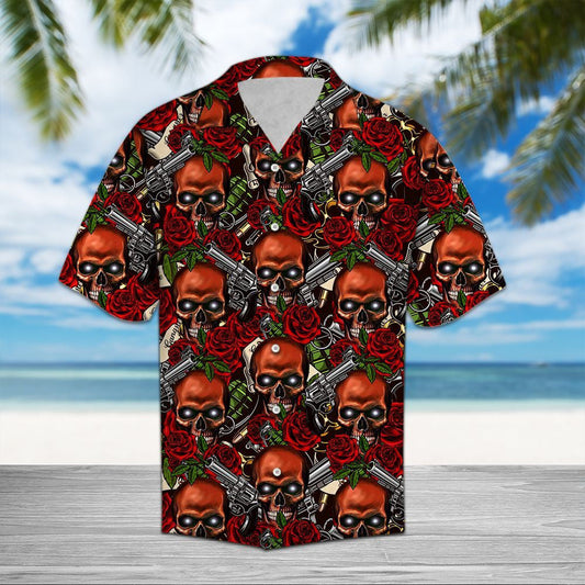Scary Skull With Gun And Red Rose Pattern Hawaiian Shirt, Hawaiian Shirt Gift, Christmas Gift