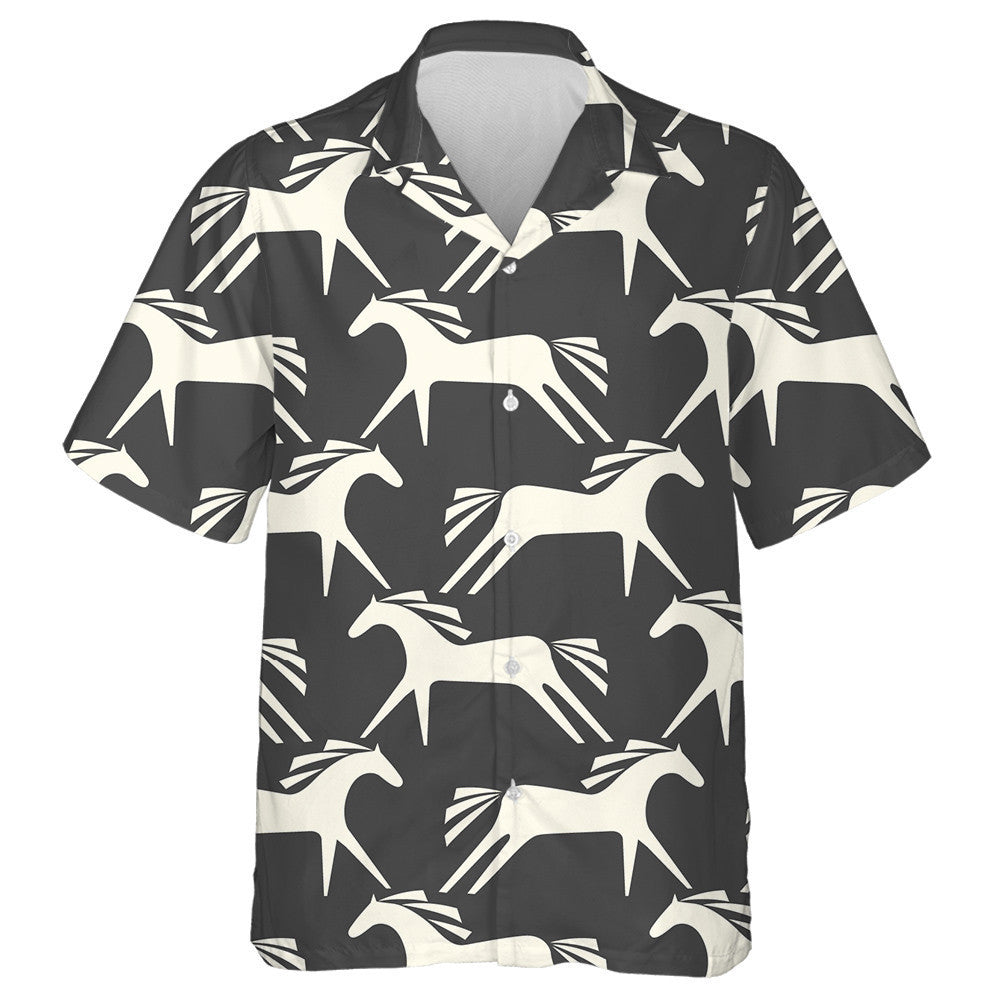 Cartoon White Horses On Black Background Hawaiian Shirt, Hawaiian For Gift