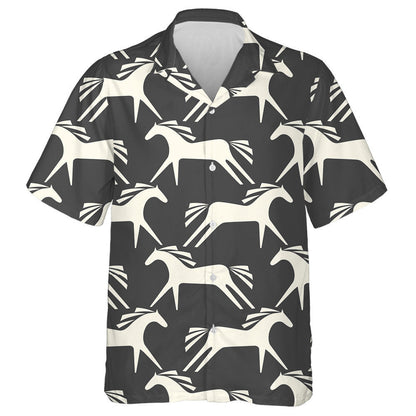 Cartoon White Horses On Black Background Hawaiian Shirt, Hawaiian For Gift