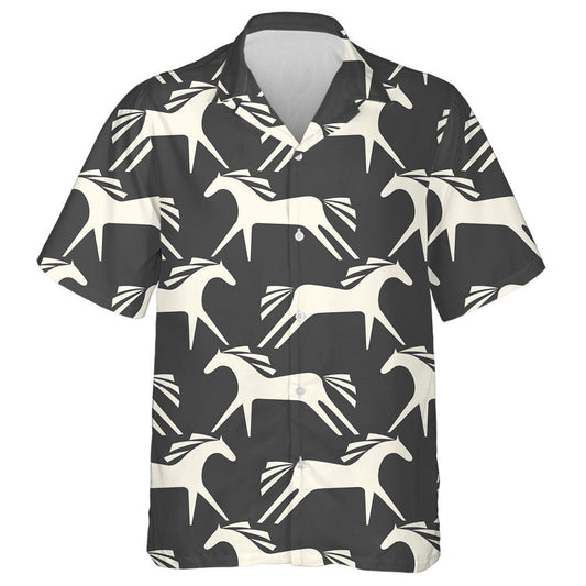 Cartoon White Horses On Black Background Hawaiian Shirt, Hawaiian For Gift