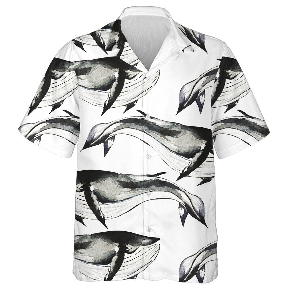 Black White Pattern Of Amazing Whale Watercolor Design Hawaiian Shirt, Hawaiian Shirt Gift, Christmas Gift