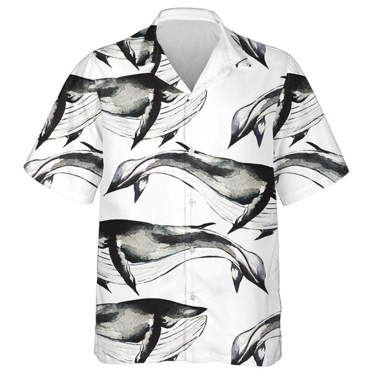 Black White Pattern Of Amazing Whale Watercolor Design Hawaiian Shirt, Hawaiian Shirt Gift, Christmas Gift