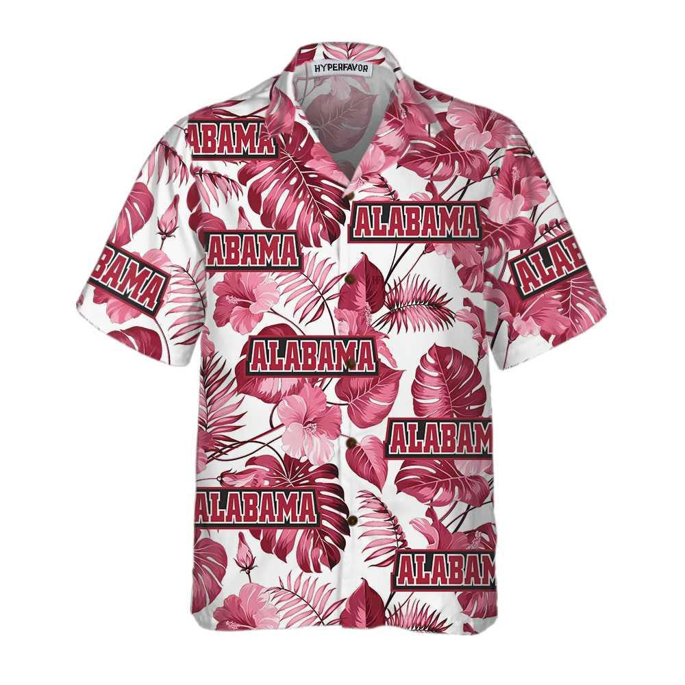 Alabama USA Pink Tropical Leaf Pattern Hawaiian Shirt, Hawaiian For Gift