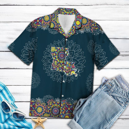 Blue Background Louisiana Map Mandala Flower Patchwork Pattern Hawaiian Shirt, Hawaiian Shirt Gift, Christmas Gift