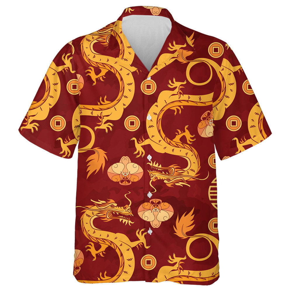 Gold Dragons And Orchids Chinese Ornament Hawaiian Shirt,Hawaiian Shirt Gift, Christmas Gift