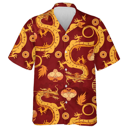 Gold Dragons And Orchids Chinese Ornament Hawaiian Shirt,Hawaiian Shirt Gift, Christmas Gift