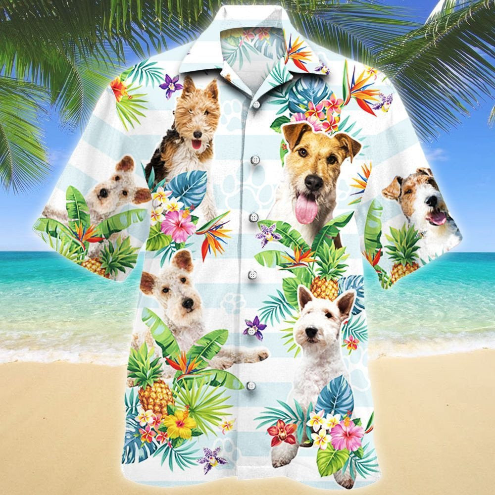 Blue Theme Wire Fox Terrier Dog Tropical Flower Hawaiian Shirt, Hawaiian Shirt Gift, Christmas Gift