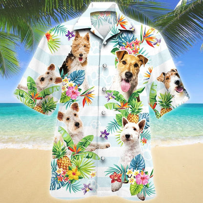 Blue Theme Wire Fox Terrier Dog Tropical Flower Hawaiian Shirt, Hawaiian Shirt Gift, Christmas Gift