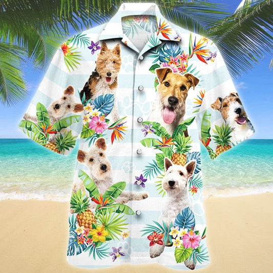 Blue Theme Wire Fox Terrier Dog Tropical Flower Hawaiian Shirt, Hawaiian Shirt Gift, Christmas Gift