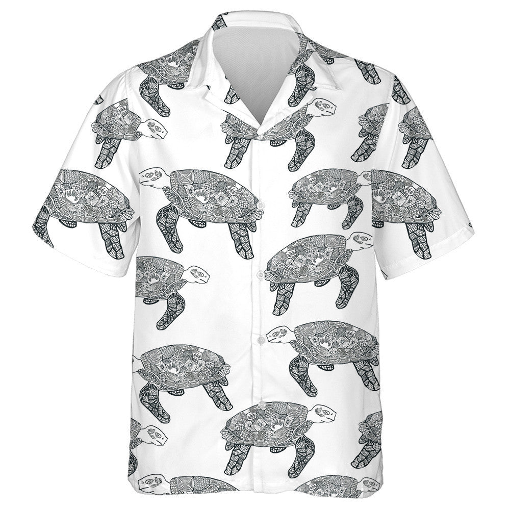 Hand Drawn Ethnic With Turtles Black And White Hawaiian Shirt, Hawaiian Shirt Gift, Christmas Gift