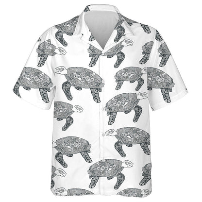 Hand Drawn Ethnic With Turtles Black And White Hawaiian Shirt, Hawaiian Shirt Gift, Christmas Gift