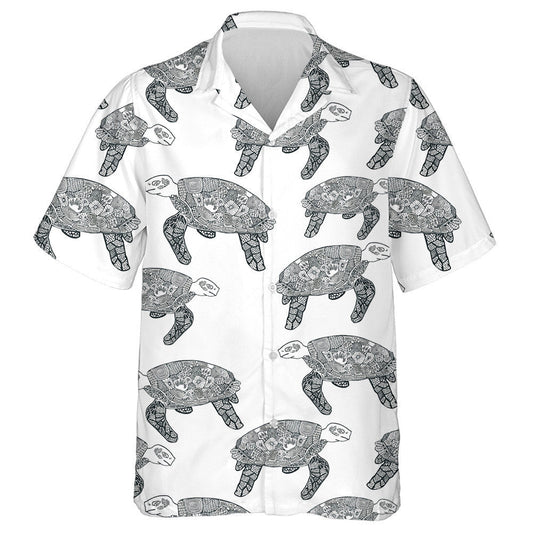 Hand Drawn Ethnic With Turtles Black And White Hawaiian Shirt, Hawaiian Shirt Gift, Christmas Gift