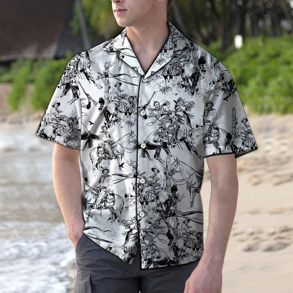 Rodeo Cowboy Black And White Hand Drawn Pattern Hawaiian Shirt, Hawaiian Shirt Gift, Christmas Gift