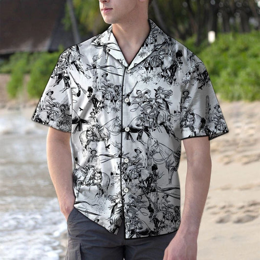 Rodeo Cowboy Black And White Hand Drawn Pattern Hawaiian Shirt, Hawaiian Shirt Gift, Christmas Gift
