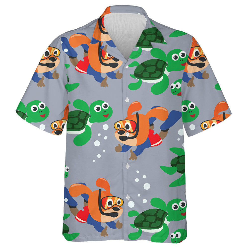 Little Turtle And Little Dog Are Swim In Underwater Hawaiian Shirt, Hawaiian Shirt Gift, Christmas Gift