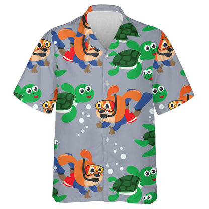 Little Turtle And Little Dog Are Swim In Underwater Hawaiian Shirt, Hawaiian Shirt Gift, Christmas Gift