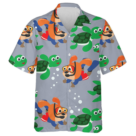 Little Turtle And Little Dog Are Swim In Underwater Hawaiian Shirt, Hawaiian Shirt Gift, Christmas Gift
