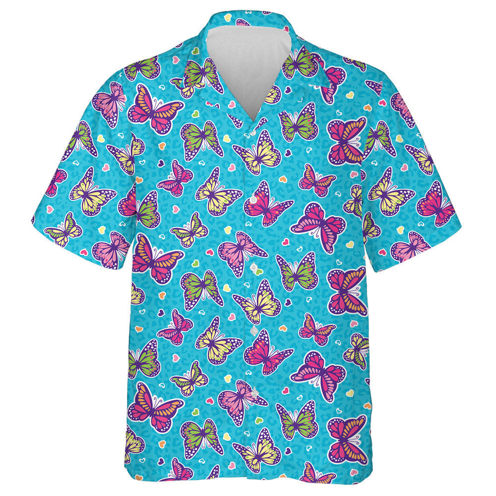 Theme Small Heart And Butterfly On Blue Leopard Hawaiian Shirt, Hawaiian Shirt Gift, Christmas Gift