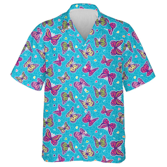 Theme Small Heart And Butterfly On Blue Leopard Hawaiian Shirt, Hawaiian Shirt Gift, Christmas Gift