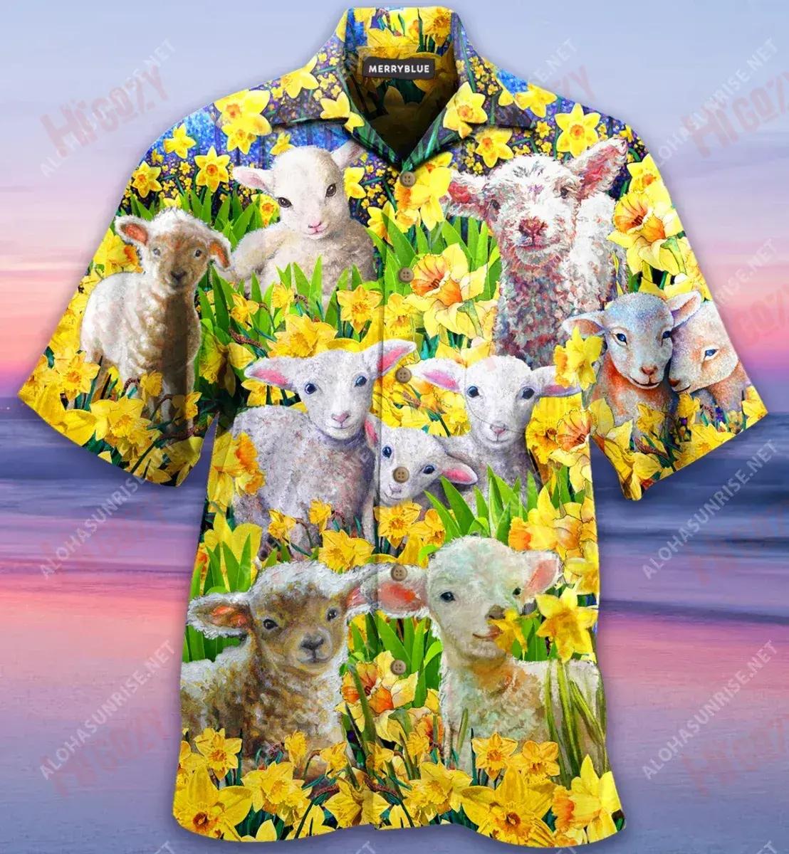 Sheep In The Daffodil Garden Unisex Short Sleeve Shirt Ocean Hawaiian T Shirts Custom Hawaiian Shirts Hawaiian Shirt Pattern, Hawaiian Shirt Gift, Christmas Gift