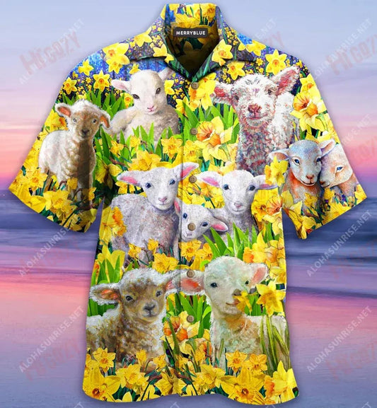 Sheep In The Daffodil Garden Unisex Short Sleeve Shirt Ocean Hawaiian T Shirts Custom Hawaiian Shirts Hawaiian Shirt Pattern, Hawaiian Shirt Gift, Christmas Gift