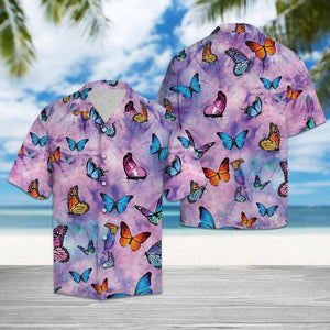 Aesthetic Colorful Butterfly Style Purple Flower Themed Hawaiian Shirt, Hawaiian Shirt Gift, Christmas Gift